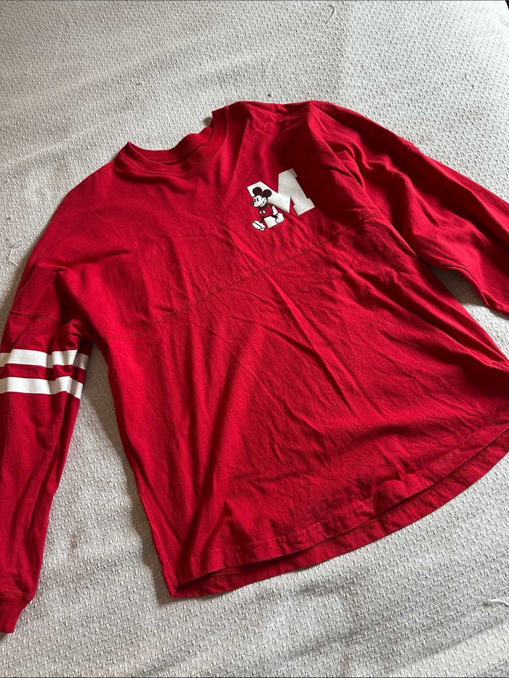 Women's Red Long-Sleeve Graphic Tee with Varsity Stripes